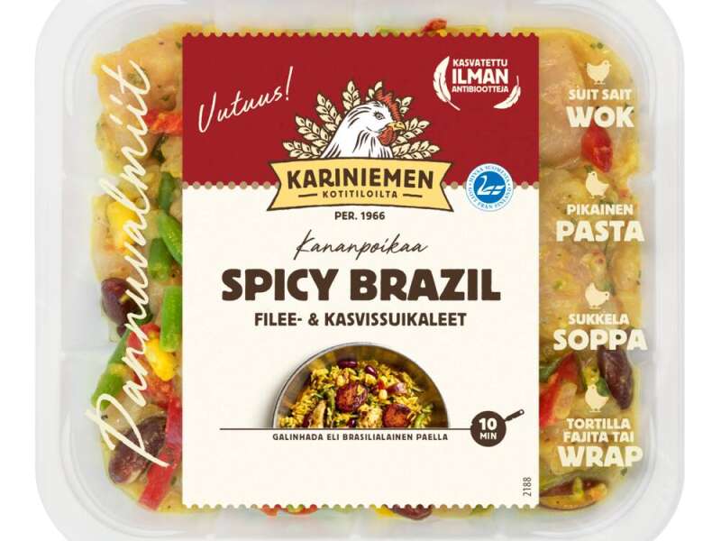 Kariniemen Kananpojan Pannuvalmiit suikaleet fileestä, Spicy Brazil Kariniemen Kananpojan Pannuvalmiit suikaleet fileestä, Spicy Brazil