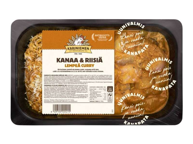 Kariniemen Kananpojan Uunivalmis pata, kanaa ja riisiä lempeä curry Kariniemen Kananpojan Uunivalmis pata, kanaa ja riisiä lempeä curry
